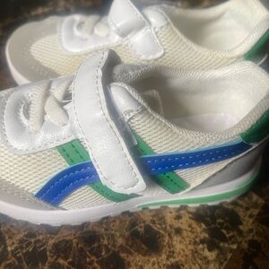Kids White and Blue Sneakers with Green Accents